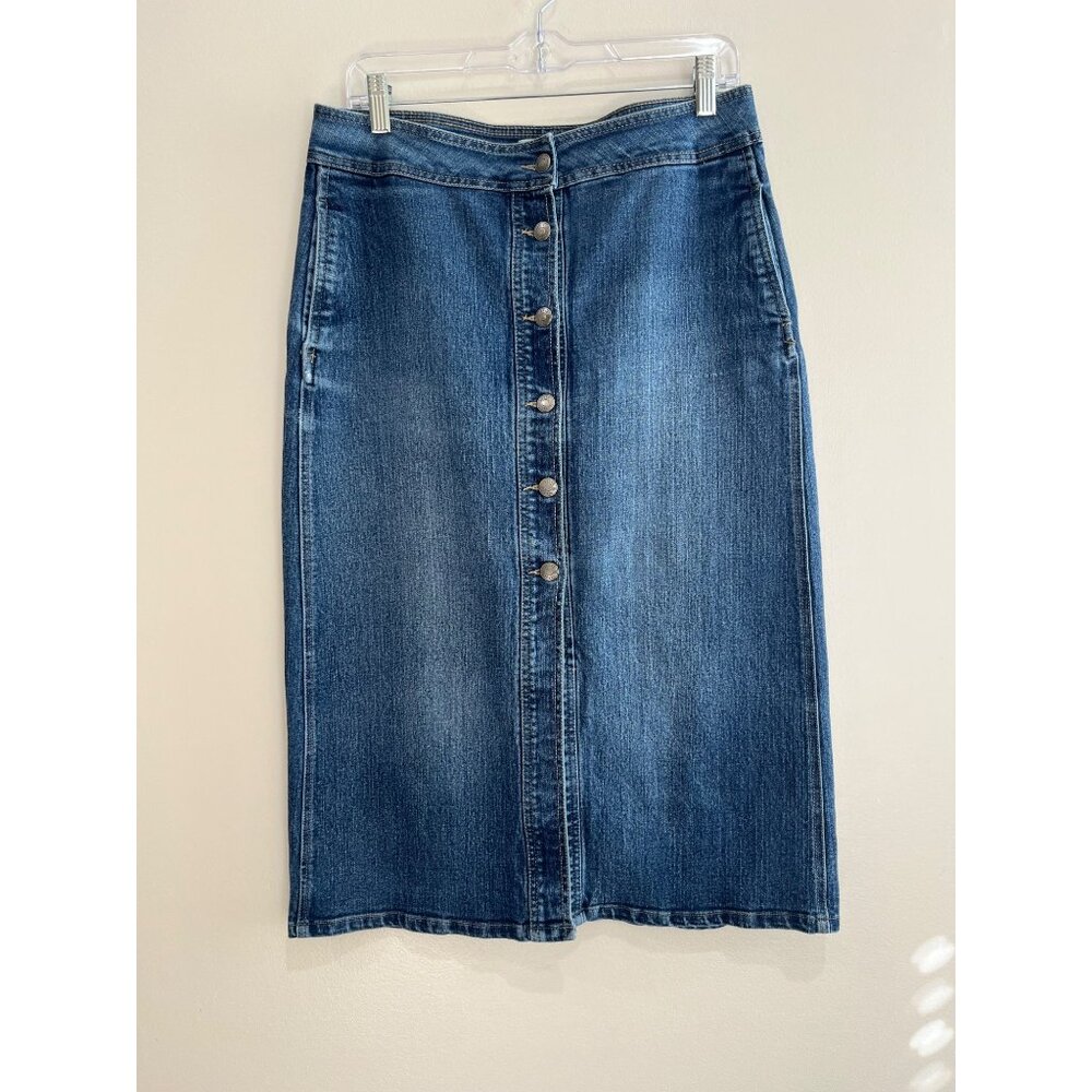 Per Se Denim Pencil Skirt Womens 6 Blue Jean Button Front Mid Length Pockets